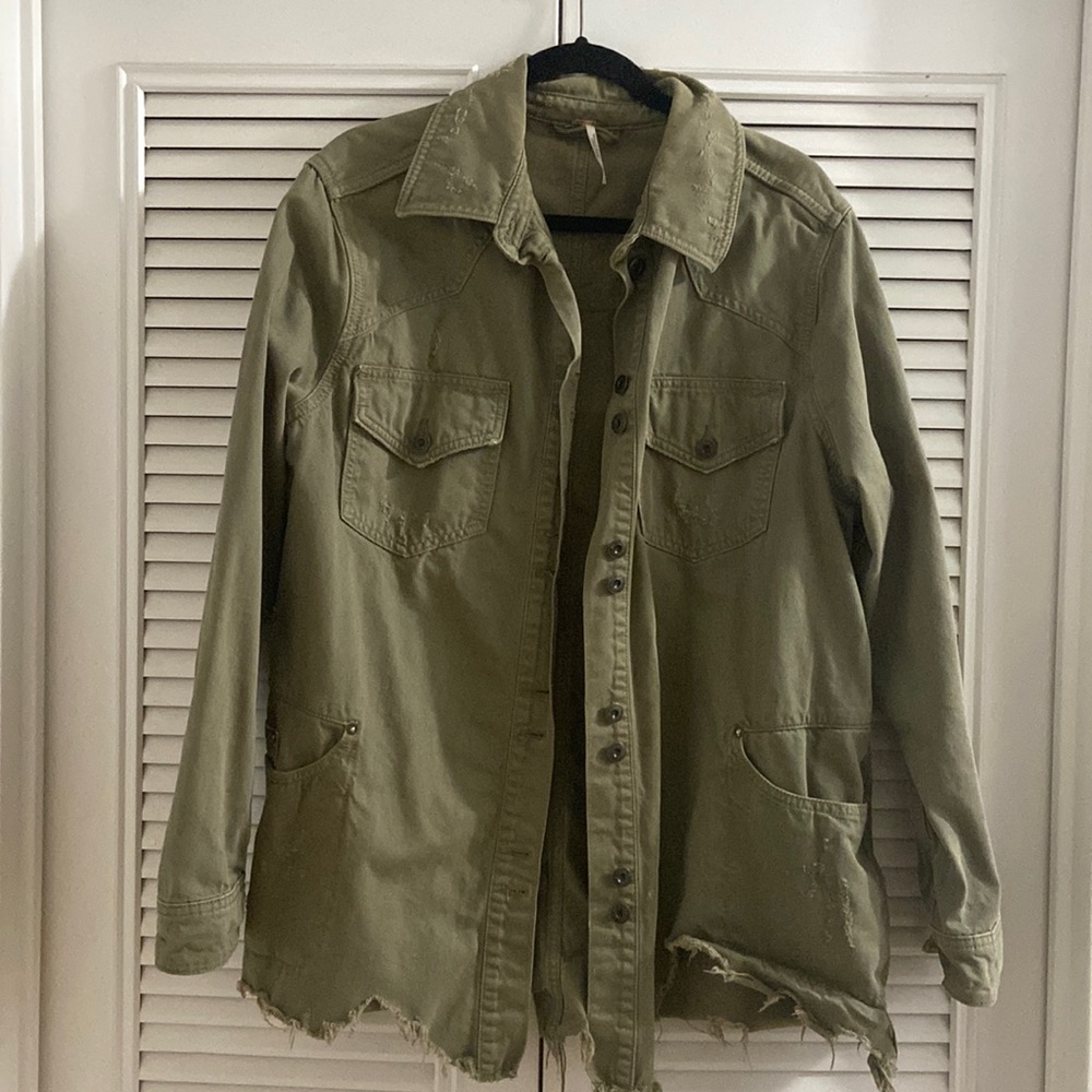Free People Olive Green Distressed Utility Jacket